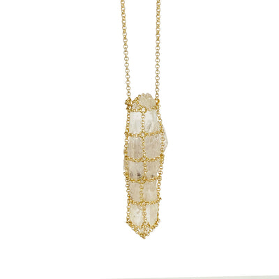 Caged Quartz Spike 14k Gold Brass Necklace II