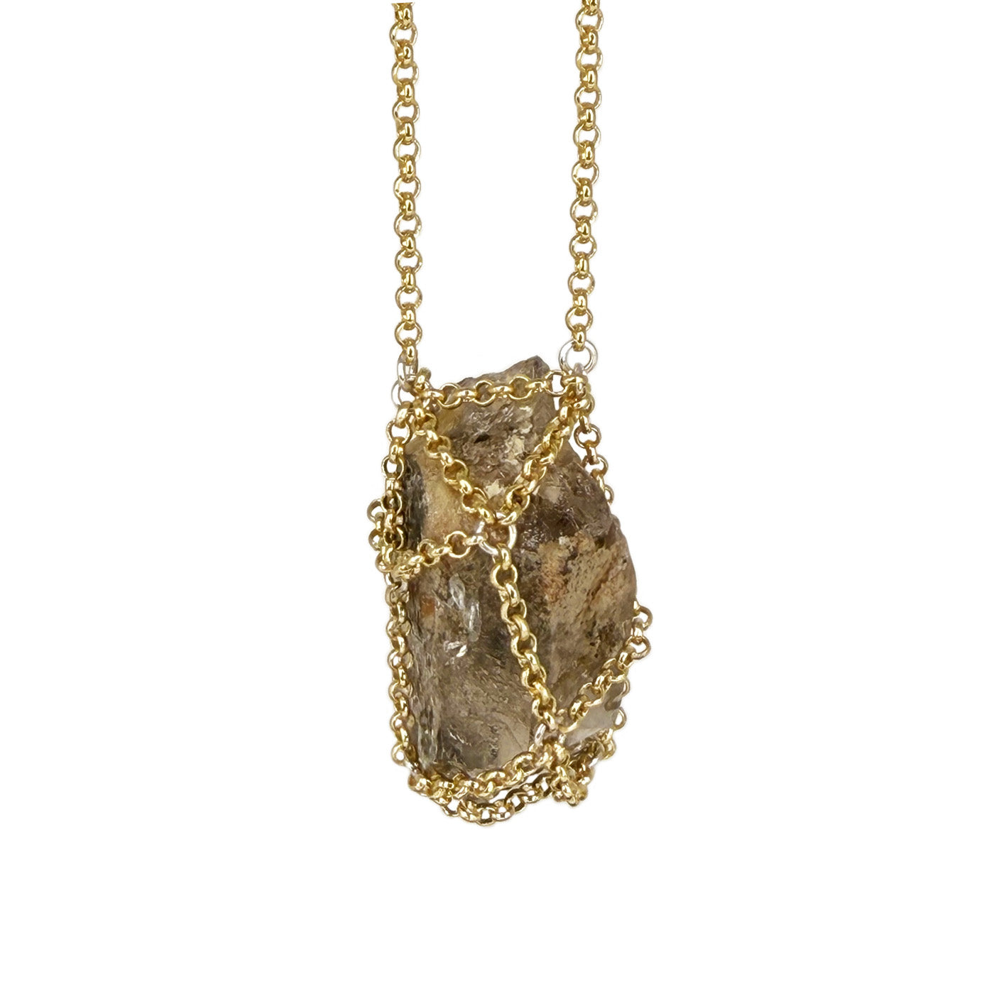 Caged Smokey Quartz Spike 14k Gold Brass Necklace I