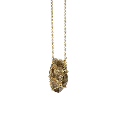 Caged Smokey Quartz Spike 14k Gold Brass Necklace I